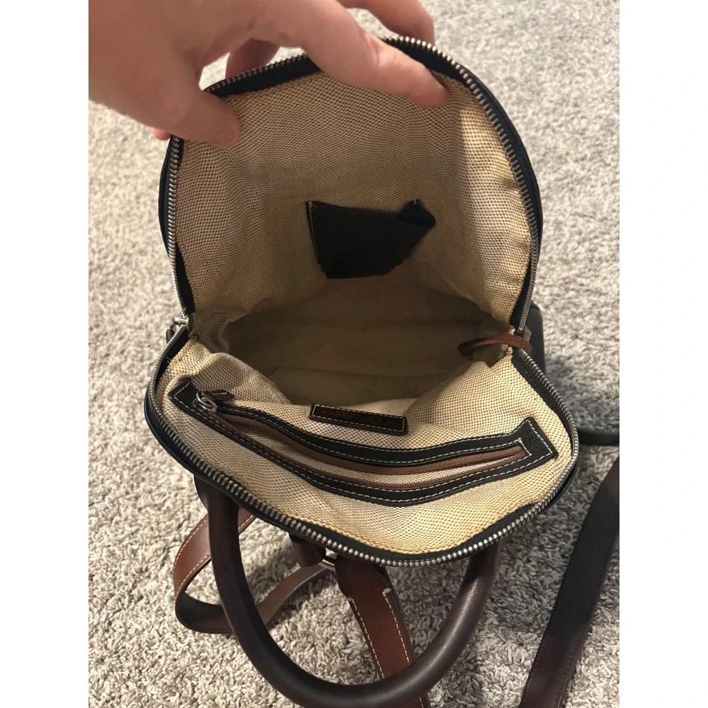 Dooney & Bourke Vintage Black Pebbled Leather Dome Backpack Brown Straps